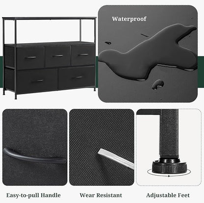 TV Stand, 5 Fabric Drawers Dresser Entertainment Center for TV up to 45 inch Wooden Media Console Table Storage Organizer with Open Shelf, for Living Room, Bedroom, or Small Space, Black