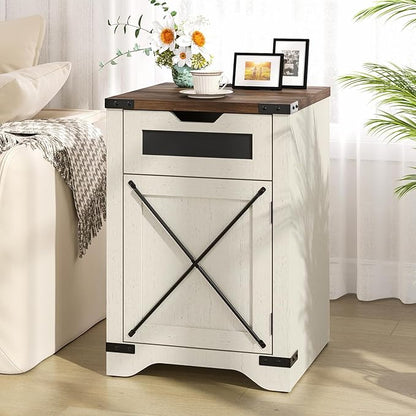 Farmhouse End Table with Charging Station, 26.4" Tall Rustic Nightstand with Drawer and X Barn Door, Antique White Country Bedside Sofa Side Table for Living Room