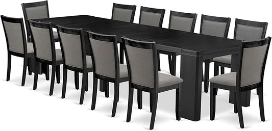 X12MZ-006-50 - 13-piece Dining Room Table Set a Rectangular Kitchen Table and 12 Dark Gotham Grey Linen Fabric Dining Chair, 39x120 Inch, Wire Brushed Black