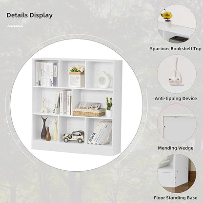 YAHARBO White 3 Tier Bookshelf,Wide Modern Horizontal Bookcase,Wood Low Book Shelf,Wide Display Storage Cabinet with Base,Floor Standing 8 Cube Large Bookcases Organizer for Bedroom,Living Room,Office