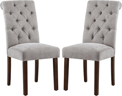 COLAMY Button Tufted Dining Chairs Set of 2, Parsons Upholstered Fabric Dining Room Chairs Kitchen Chairs with Wood Legs and Padded Seat, Light Grey