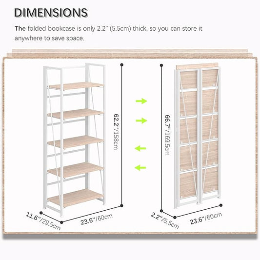 4NM No Assembly Folding Bookshelf, 5-Shelf 62.2" H Collapsible Foldable Bookcase Storage for Small Spaces, Natural White