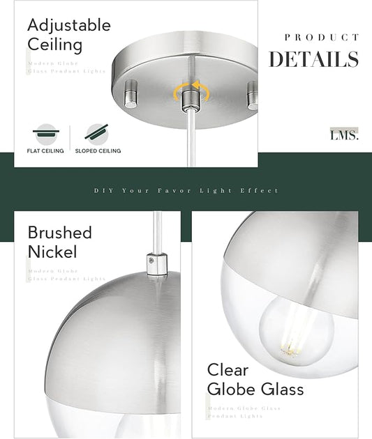 LMS 6-inch Industrial Pendant Light, Brushed Nickel Hanging Light Kitchen Island with Clear Globe Glass, Adjustable Hanging Pendant Light Fixtures for Dining Room Living Room Guest Room, LMS-186BNCS