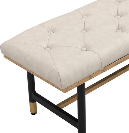 Shoe Bench Entryway, End of Bed Bench, Bench for Bedroom End of Bed, Modern Faux Leather Bench for Living Room, Entryway Bench Seat, Padded Bench with Solid Metal Shelf Gold, Beige