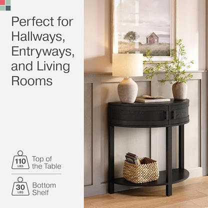 Living Room Furniture Sofa Table Half Moon - 32 in x 15.75 in, Blackened Oak Rustic Wood - Console Table with Storage & Black Knobs for Hallway & Entryway Decor