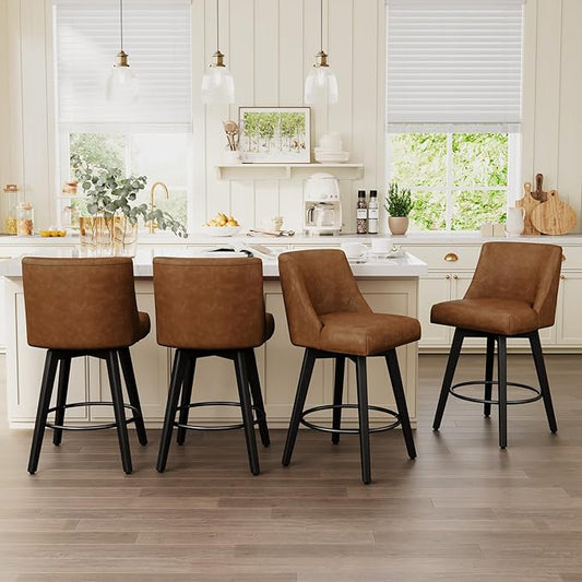 Vipbear Swivel Counter Height Bar Stools Set of 4,26.8" H Counter Stools with Back, Mid Century Modern Bar Stools for Kitchen Island,Faux Leather,Wooden Base, Brown