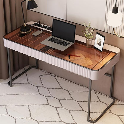 Lartis Home Office Desk Computer Desk Pale Pink Writing Desk - Makeup Vanity no Mirror Intelligent Socket with USB Port Compartmentalized Storage