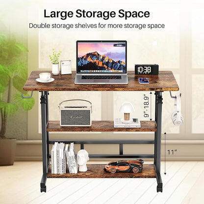 Adjustable Height Standing Desk, Rolling Stand Up Desk with Storage Shelves, 31.5" Small Mobile Computer Desk, Portable Laptop Table (Simple Brown)