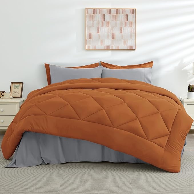 HEVUMYI Cali-King Comforter Set - 7-Piece All Season Bed in a Bag Cali-King, Ultra Soft Bedding Set with Comforter, Flat Sheet, Fitted Sheet, Pillowcases, Pillow Shams, Orange & Light Grey