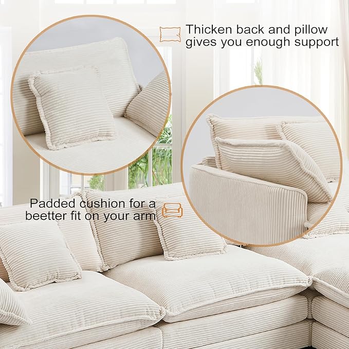Furniliving Oversized Accent Chair with Ottoman, Luxury Corduroy Single Sofa, Upholstered Deep Seat Chaise Lounge with Pillows for Living Room, Bedroom, Apartment, Beige