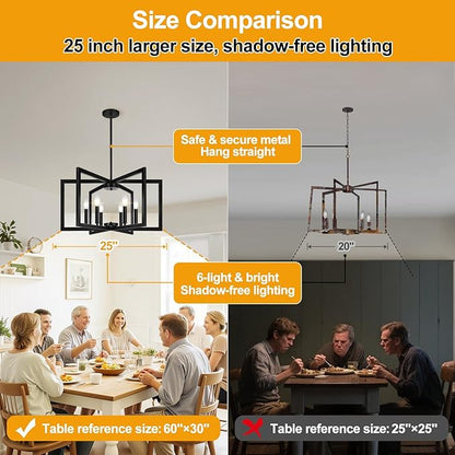 25" Modern Black Chandelier for Dining Room (6-Light, 25-Inch), Geometric Black Dining Room Light Fixture Over Table, Industrial Metal Hanging Pendant Lights for Kitchen Island, Entryway, Foyer