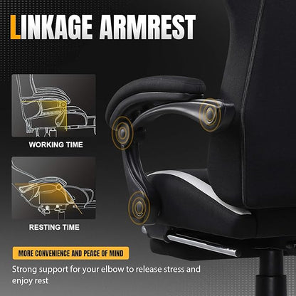 GTRACING Gaming Chair with Foot Rest & Pocket Spring Cushion, Breathable Fabric for Home Office Desk, Ergonomic High Back Computer Chair with Headrest & Lumbar Support, Black
