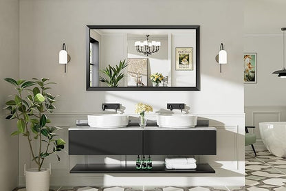 55x32 Inch Black Bathroom Mirror for Wall, Thick Metal Framed Rectangle Mirrors for Over Sink, Bedroom, Living Room, Entryway, Anti-Rust, HD Tempered Glass