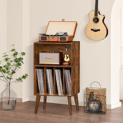 Lerliuo Record Player Stand, Brown Turntable Stand Holds up to 160 Albums, Mid-Century Vinyl Storage Cabinet Table with Solid Wood Legs, Record Player Holder Dispaly Shelf for Bedroom Living Room