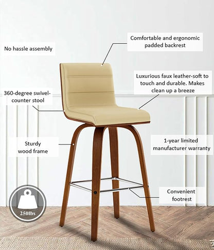 Armen Living Vienna 26" Swivel Counter Stool in Walnut Wood Finish with Cream Faux Leather - Set of 4