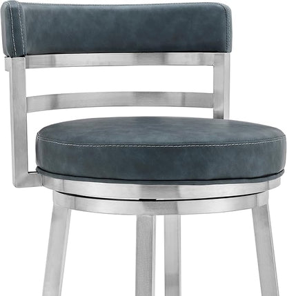 Armen Living Madrid 26" Seat Height Swivel Modern Blue Faux Leather and Brushed Stainless Steel Bar Stool for Kitchen Island Counter