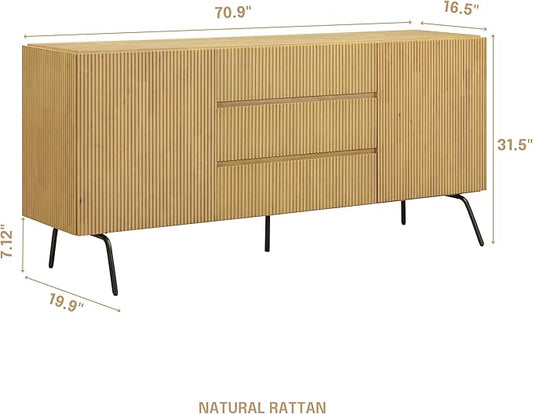 NTC Veil Modern Sideboard with 4 Doors, Buffet Cabinet with Vertical Groove Design and Metal Legs, Storage Cabinet for Living Room, and Hallway, Effortless Assembly, Sand