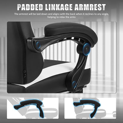 Gaming Chair for Adults and Teens, Ergonomic Leather Video Game Chairs with Footrest, Wide Seat, Reclining Back, Neck & Lumbar Support, Adjustable Swivel Computer Desk Chair, Black/White