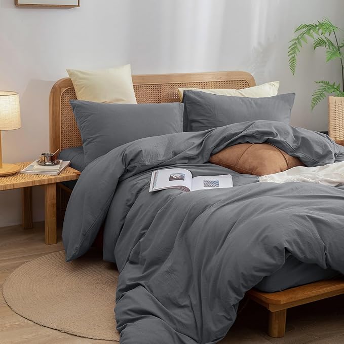 BESTOUCH Duvet Cover Set 100% Washed Cotton Linen Feel Super Soft Comfortable Chic Lightweight 3 PCs Home Bedding Set Solid Quiet Shade Grey Full/Double