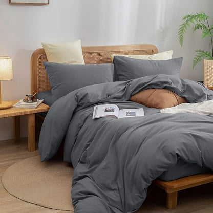 BESTOUCH Duvet Cover Set 100% Washed Cotton Linen Feel Super Soft Comfortable Chic Lightweight 3 PCs Home Bedding Set Solid Quiet Shade Grey Full/Double