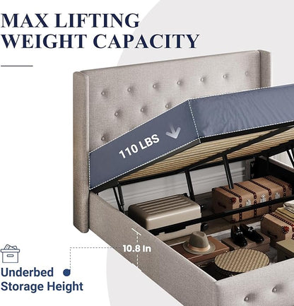 Allewie Full Size Lift Up Storage Bed, Button Tufted Headboard with Wingback, Hydraulic Support, No Box Spring Needed, Light Beige