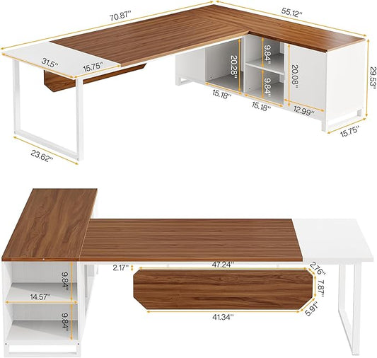 Tribesigns 70.8" L-Shaped Executive Desk with 55" File Cabinet, Large Home Office Computer Desk with Storage Shelves and Cabinet, Modern Business Furniture Set Home Office, Walnut White