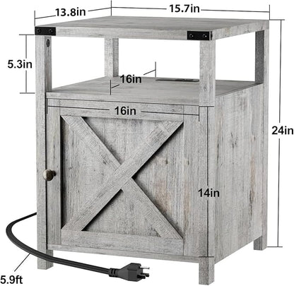 Farmhouse Nightstand with Charging Station, Grayish White End Table Bedroom with Storage Living Room Side Table Beige Night Stand Industrial Bedside Bed Table with USB Ports and Outlets