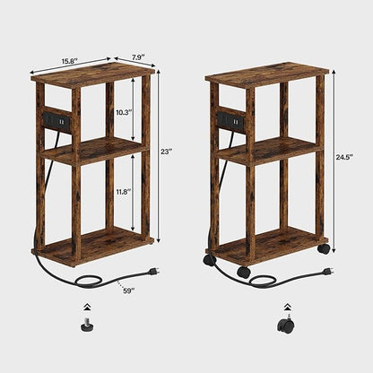 TUTOTAK Small Narrow Side Table with Charging Station, Skinny End Table for Small Spaces, Slim Nightstand with USB Ports and Outlet, Sofa Beside Table with Wheels, Rustic Brown TB01BB047C