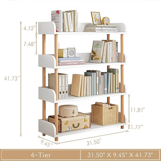 4-Tier Wooden Open Bookcase - Modern Display Bookshelf with Side Panels and Solid Wood Frame for Home and Office, Storage Cabinet, Warm White