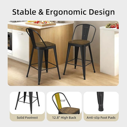 Metal Bar Stools Set of 4, High Back Bar Stools with Wooden Seat, 26 inch Black Barstools for Kitchen Island