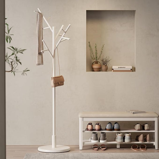 Coat Rack, Solid Wood Coat Rack Freestanding with 12 Hooks, Coat tree freestanding 3 Adjustable Heights for coat, Hats, Handbags，Coat Stand for Entryway,Bedroom (White)