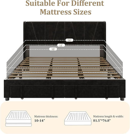 King Bed Frame with Storage Drawers, Upholstered Platform Bed with Headboard and Wingboard, No Box Spring Needed, NO Noise, Easy Assembly, Wooden Support Slats, Black