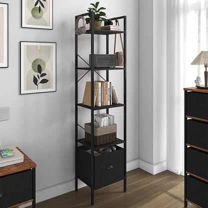 Generic 5 Tier Bookshelves,Tall Narrow Bookcases with Shelves, Bookcase Storage Organizer,Industrial Bookshelf with Drawer,Display Shelves Bookcases for Living Room, Bedroom,Kitchen and Office,Black