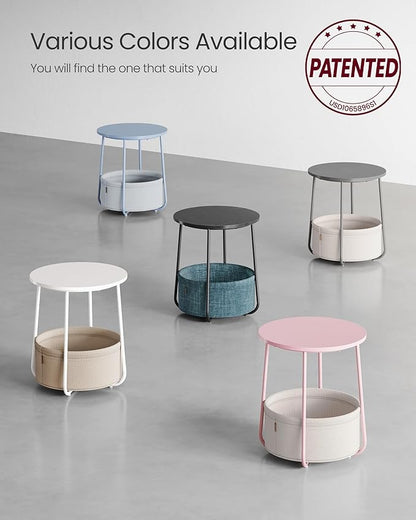 VASAGLE Small Round Side End Table, Modern Nightstand with Fabric Basket, Cement Gray and Cream White ULET223G49