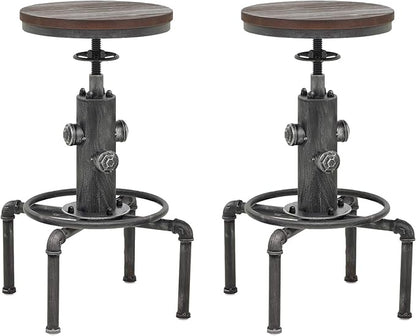 Topower Antique Vintage Industrial Barstool Solid Wood Water Pipe Fire Hydrant Design Cafe Coffee Industrial Bar Stool Set of 2 Silver