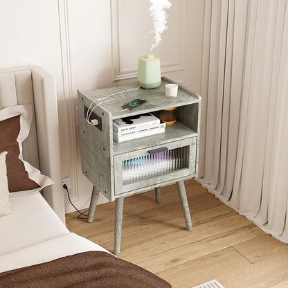 SOOWERY Mid Century Modern Nightstand with Charging Station, Bedside Tables with Acrylic Drawer, End Table Side Table with 2 Tiers Storage Space, for Bedroom, Living Room, Light Grey