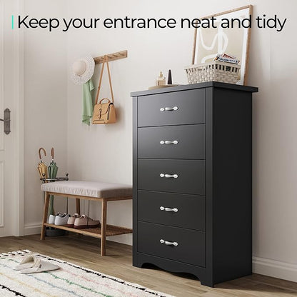LINSY HOME 5 Drawer Dresser, Black Dresser for Bedroom, Modern Dresser Chest with Wide Drawers, Wood Storage Chest of Drawers for Nursery Kids Room Living Room