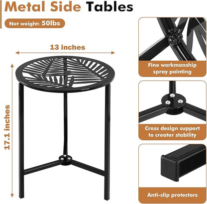 2 Packs 13" Metal Outdoor Side Tables Small Black Outside End Table for Patio Round Accent Corner Stand for Small Spaces Weather-Resistant Coffee Table for Balcony Porch Plant Stand, Pinna Form Leaf