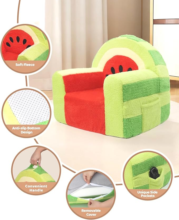 Toddler Chair, Comfy Foam Kids Couch with Soft Velvet Cover, Toddler Couch with Cute Watermelon Design for Gaming and Studying, Kids Sofa for Boys and Girls