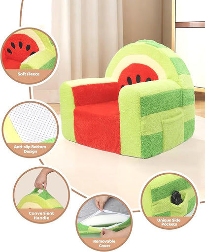 Toddler Chair, Comfy Foam Kids Couch with Soft Velvet Cover, Toddler Couch with Cute Watermelon Design for Gaming and Studying, Kids Sofa for Boys and Girls
