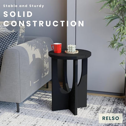 Stupa Solid Wood End Table – 22" Tall Round Side Table for Living Room or Bedroom, Handcrafted Accent Table in Distressed Black Finish, Easy Assembly, Modern Minimalist Design for Small Spaces