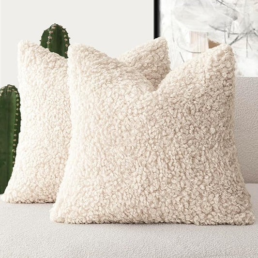 Foindtower 2 Pieces 16x16 Inch Cream Beige, Faux Fur Throw Pillow Cover Accent Sherpa Furry Pillow Covers Fuzzy Soft Pillowcases Cozy Sheepskin Decorative Fleece Cushion Case for Bed Couch Living Room