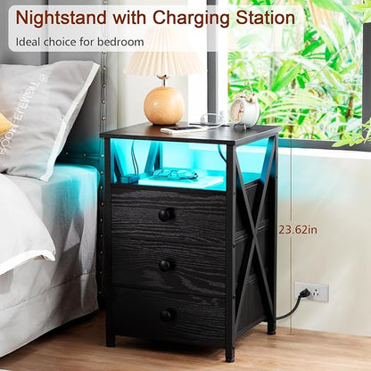 AMHANCIBLE LED Nightstand with Charging Station, Smart End Side Table with USB Port & Power Outlet, Bedside Table with Fabric Drawers for Bedroom, Living Room, Black, HET053LBK1