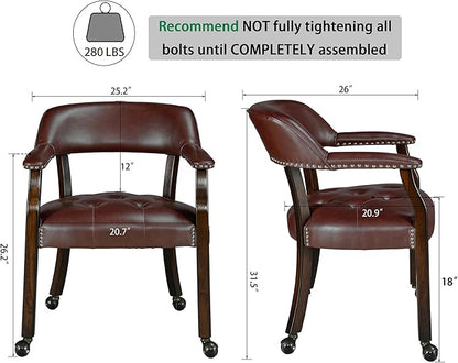 LEEMTORIG Dining Chairs with Casters and Arm, Large Rolling Dining Chairs with Wheel, Poker Table Chairs, Boss Caption's Chairs, 26"D x 25.2"W x 31.5"H, Espresso Legs & Wine Red Brown PU, XXY-1910-WR