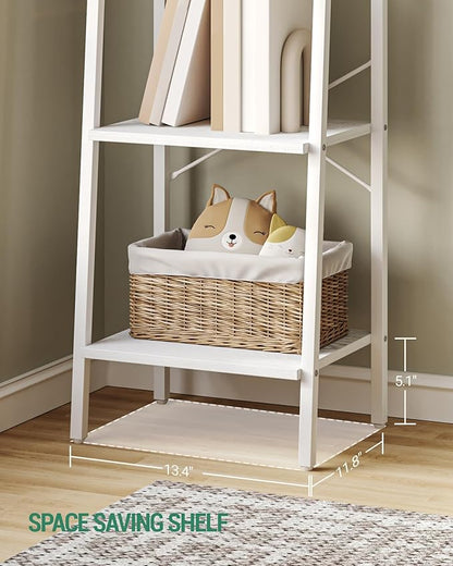 Ladder Shelf, Bookshelf Bookcase, Freestanding Corner Storage Shelve with 2 Hooks for Home Office, Living Room, Kitchen, Bedroom, Industrial, 5-Tier White BC03213W