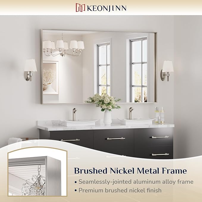 Keonjinn Brushed Nickel Bathroom Mirror 60 x 40 in Rectangle Frame Mirror for Over Sink, Rectangular Metal Framed Vanity Mirror Square Corner Aluminum Alloy Modern Silver Mirror(Horizontal/Vertical)