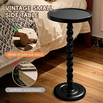 Small Accent Wood End Table, 12inch Round Bedside Table, Natural Side Table Nightstand for Family, Bedroom, Living Room, Handcrafted Finish, Black
