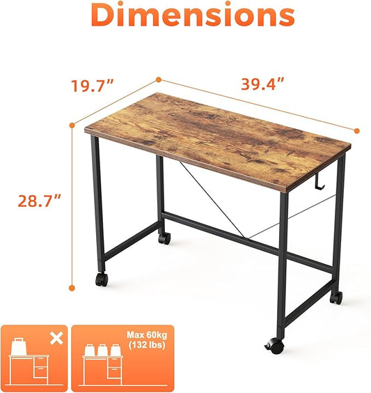 Rolling Computer Desk with Wheels, Gaming Desk for Small Spaces, Modern Simple Style Table for Home Office, Study Writing Table (Caster, Rustic Brown, 40 inch)