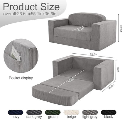 MeMoreCool Convertible Sofa Bed, Pull Out Loveseat Sleeper Sofa, Small Boneless Cloud Couch Bed for Adults, Fold Out Foam Love Seat Grey, Corduroy Folding Floor Couch for Bedroom