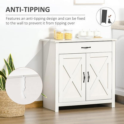 HOMCOM Farmhouse Sideboard Buffet Cabinet, Barn Door Coffee Bar Cabinet with Drawer and Adjustable Shelf, for Living Room, Entryway, White Wash